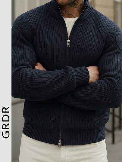 GRDR Men's Stand Collar Double-Zipper Long Sleeve Cardigan Sweater, Versatile For Daily Wear