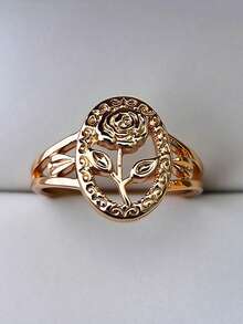 1枚优雅玫瑰花造型镂空椭圆形女士戒指，适合日常佩戴、婚礼、订婚、生日、周年纪念日、情人节、圣诞节等场合的珠宝礼物。 - 金色 - 查看 6