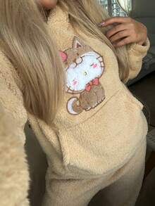 SANRIO 2pcs/Set Women's Cartoon Bear Sweatshirt With Pocket And Ear Design, Long Pants, Fleece, Warm And Comfortable Loungewear Set For Autumn/Winter - Brown - View 3