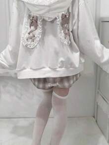 2025 Spring/Autumn New Arrivals, Women's Japanese-European Style Rabbit Ear Hoodie With Lace, Ribbon, And Pearl Details, Soft, Cute, Slimming, Long-Sleeved Coat, Perfect For Dates, Street Wear, And 2D Style, Women's Fashion, Popular New Arrivals - 白色 - 查看 4