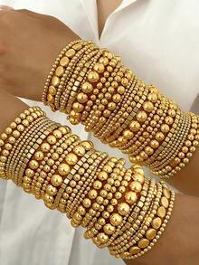 5-19pcs Set Beaded Stackable Bracelets, Fashion Minimalist Elegant Vintage Geometric Circle Square Star Multi-Size Round Bead Stretchy Bracelets, Great Gift For Festival, Holiday, Party, Dating, Everyday Wear - Gold - View 1