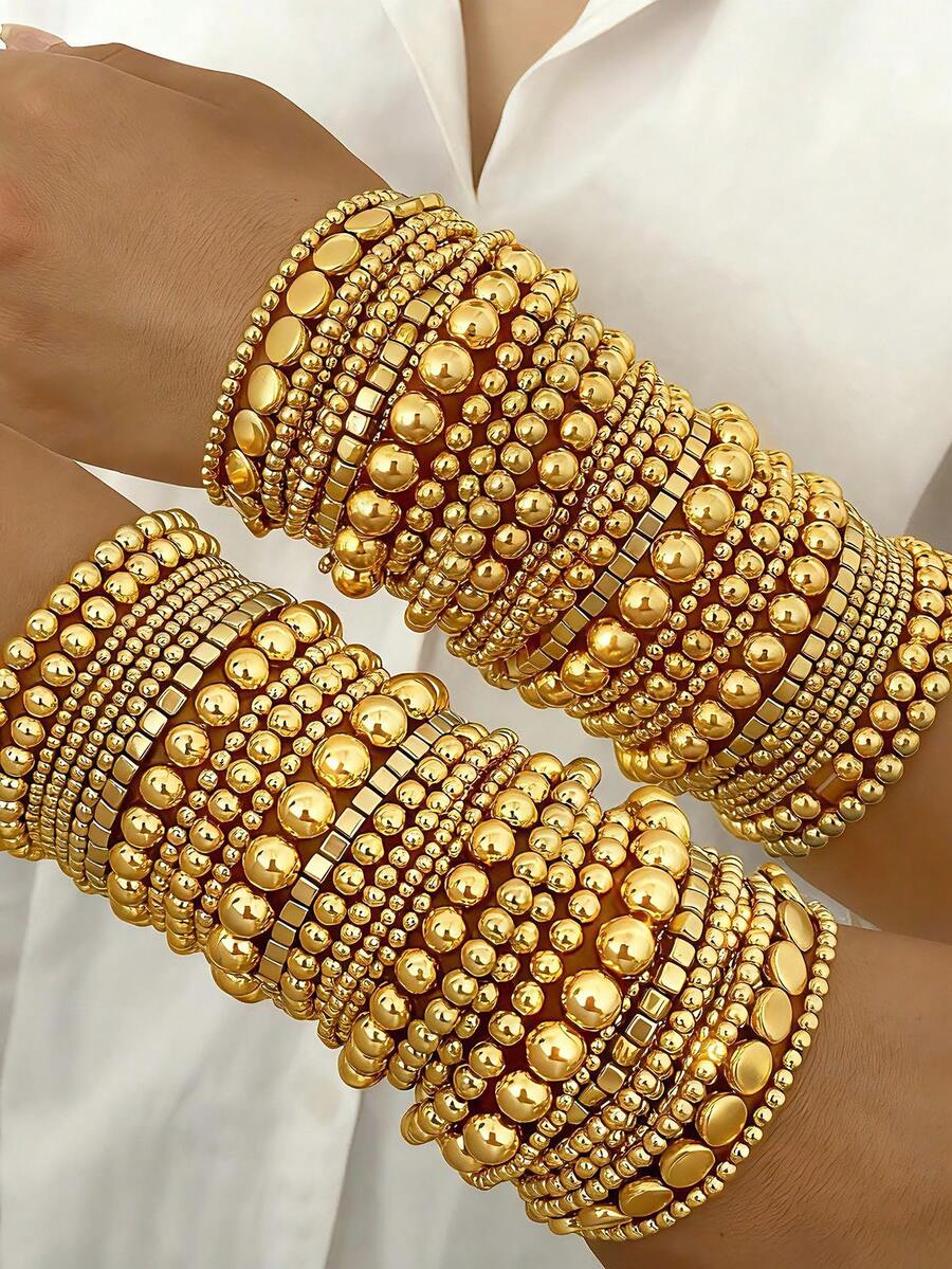 5-19pcs Set Beaded Stackable Bracelets, Fashion Minimalist Elegant Vintage Geometric Circle Square Star Multi-Size Round Bead Stretchy Bracelets, Great Gift For Festival, Holiday, Party, Dating, Everyday Wear - Gold - View 1