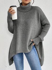 Women's Oversized Turtleneck Sweater - Irregular Hem, Multiple Colors, Cozy Warm Knit For Fall/Winter Style - Grey - View 1