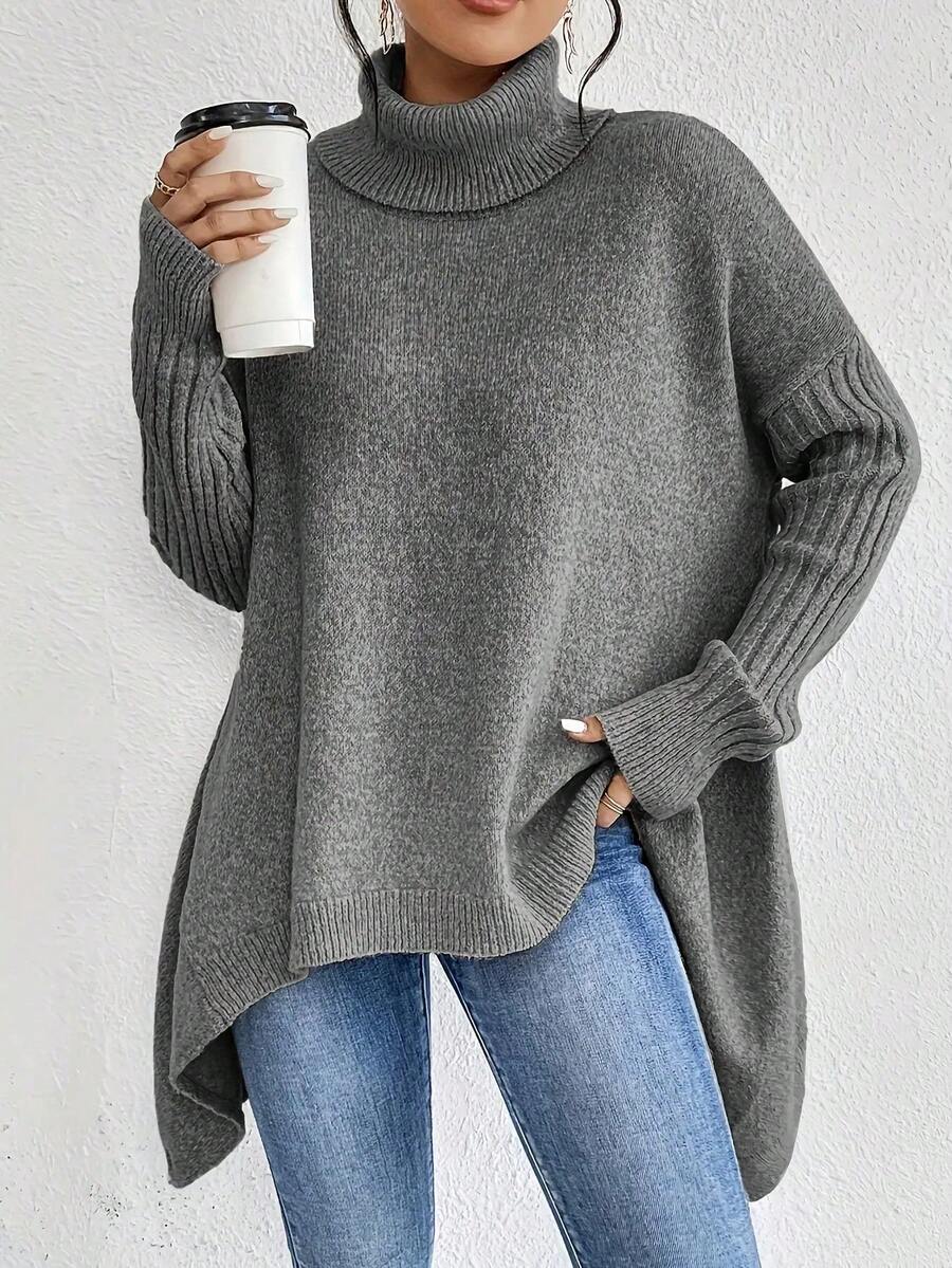 Women's Oversized Turtleneck Sweater - Irregular Hem, Multiple Colors, Cozy Warm Knit For Fall/Winter Style - Grey - View 1