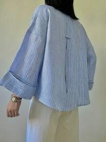 Women's Dropped Shoulder Long Sleeve Casual Striped Button-Front Loose Shirt