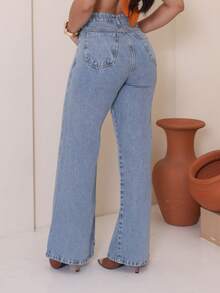 Women Wide Leg Pants 100% Denim Fabric High Waist Simple Elegant Casual Party Jeans Button Zipper Pocket - 中等水洗藍 - 查看 5