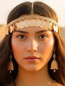 1pc Arabic Style Wedding Jewelry, Bridal Headdress Fashion Gold Metal Coin Tassel Headchain, For Women Party/Occasion Hair Accessories