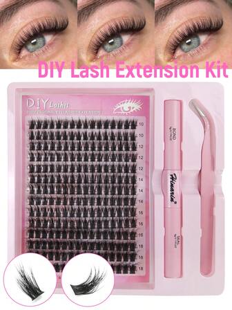 224片D型卷翘簇状假睫毛套装，10-18毫米混合款，纤细尖头单根假睫毛，卷翘可爱，尖头簇状假睫毛，柔软便携，套装包含睫毛胶和镊子，送给女性和女孩的礼物