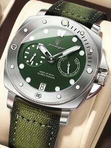 POEDAGAR 男士时尚休闲旋转表圈日期石英腕表，尼龙皮表带，小秒针表盘设计，防水夜光，高端男士日常佩戴腕表，男士理想礼物 - 綠色 - 查看 2