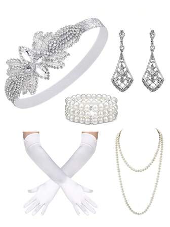 Set de 5 piezas que incluye: diadema con plumas estilo años 20, aretes de aleación con rhinestones, collar largo de perlas, gargantilla, guantes de satén para mujeres, accesorios de estilo años 20 para fiesta con temática de