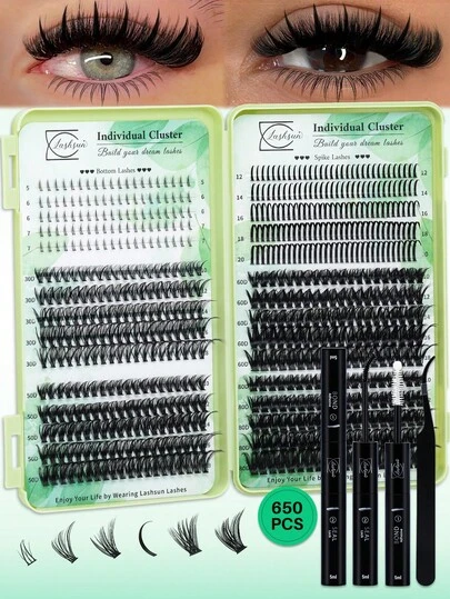 650PCS Individual Lashes Book Kit D Curl 6 Styles Mixed Length Bottom/Spikes/30D/50D/60D/80D Soft And Comfortable False Eyelashes Long-Lasting Lashes Kit With Bond&Seal Lash Applicator, Perfect For Beginners&Proficient, DIY At Home Easily, For Makeup Daily Lash Clusters