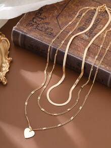 1 pieza Conjunto de collar vintage de múltiples capas para mujer, collar de cadena con corazón dorado y hueso de serpiente, diseño único de lujo tipo gargantilla - Amarillo Oro - Ver 5