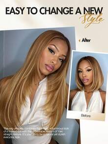 Long Layered Straight Yaki Wig Middle Part No Bangs Glueless Wig Pre Cut Put On And Go High Density Heat Resistant Fiber None Lace Wig For Women Daily Life Or Party Use 26inch Long(Highlight Blonde) - Brown - View 4