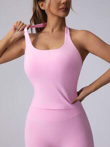 无缝长款吊带运动背心 女款 内置胸垫 可拆卸胸垫 运动瑜伽背心 - 粉色 - 查看 7