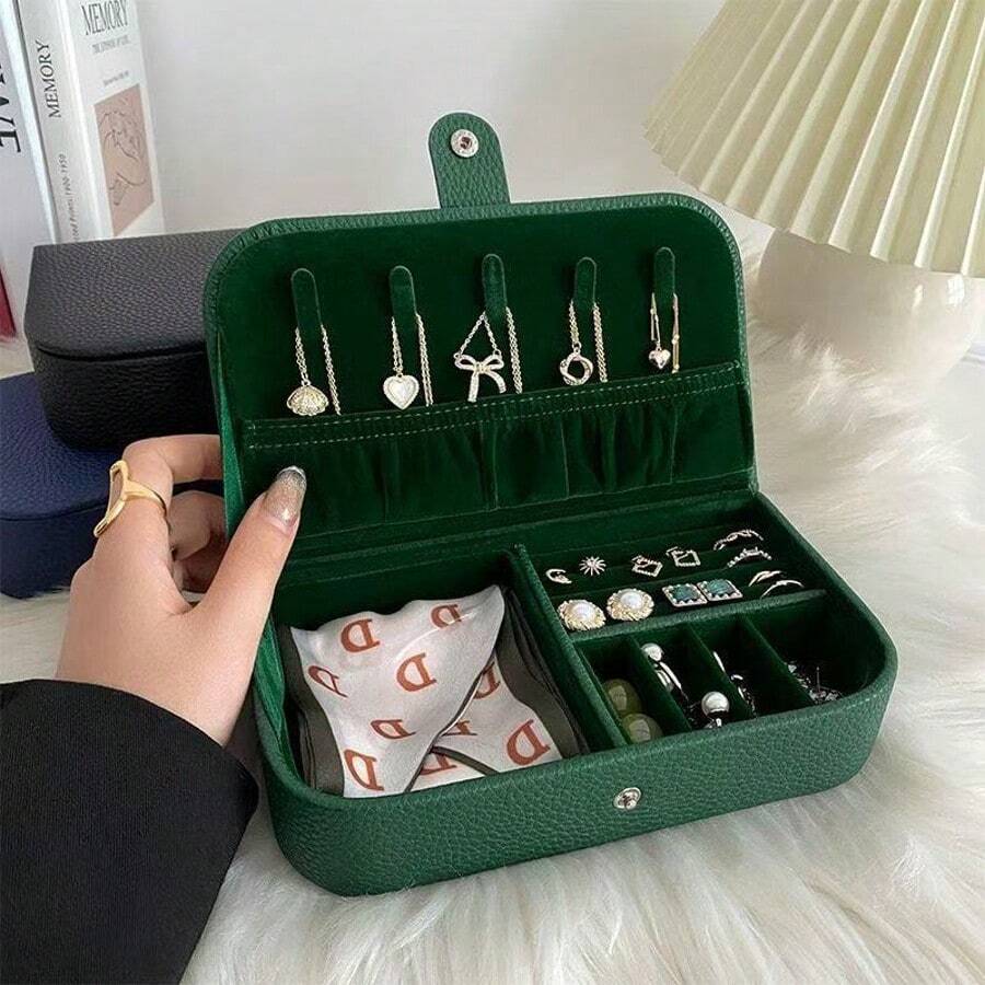 Autumn/Winter Vintage Lychee-Patterned Leather Portable Jewelry Box Travel Jewelry Organizer Designed For Bracelets, Earrings, And Rings Stylish Snap-Closure Storage Box Ideal For Women And Jewelry Enthusiasts Perfect For Daily Use Excellent Christmas Gift And Home Decor Companion