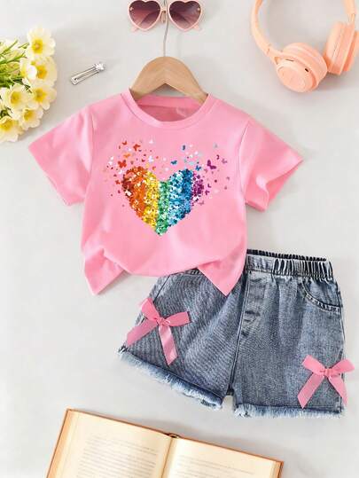 Toddler Girls' Cartoon Heart Print Short Sleeve Top And Denim Shorts Set