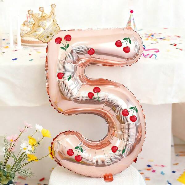 3pcs 32inch Cherry Crown Number Balloons, 0-9 Number Balloons, 1set Cherry Stickers, Mini Crown Balloons, Suitable For Cherry Birthday Decoration, Birthday, Valentine's Day, Family Birthday Party, Wedding, Photo Shoot Decor, Princess Birthday Party Decor, Bridal Shower, Bachelorette Party Decor, Influencer Outdoor Photoshoot Decor
