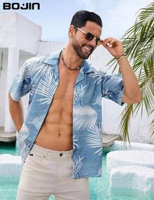 Men's Hawaiian Shirts Short Sleeve Button Down Casual Shirts Summer Printed Tropical Floral Aloha Beach Shirts - Bj056 Xanh navy & hoa - Xem 5