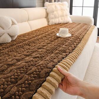 YJCRYSTDIA 1pc Bohemian Style Plush Sofa Cushion Cover - Quilted Thick Warm Microfiber, Handmade Ruffle Trim, Dual-Color Patchwork Edging, Machine Washable, Pet-Friendly, Fits 1/2/3/4 Seater Sofa And Sectional (Single/Double/Integrated)