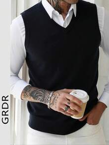 GRDR Men's Solid Color V-Neck Casual Versatile Knitted Vest - Black - View 2
