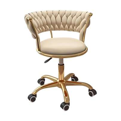 Sillón Giratorio de Terciopelo Dorado, Altura Ajustable, Ruedas Giratorias 360°, Cojín de Asiento de Alta Resiliencia, Respaldo Tejido, Estructura Metálica Redonda, para Uso en Dormitorio o Hogar