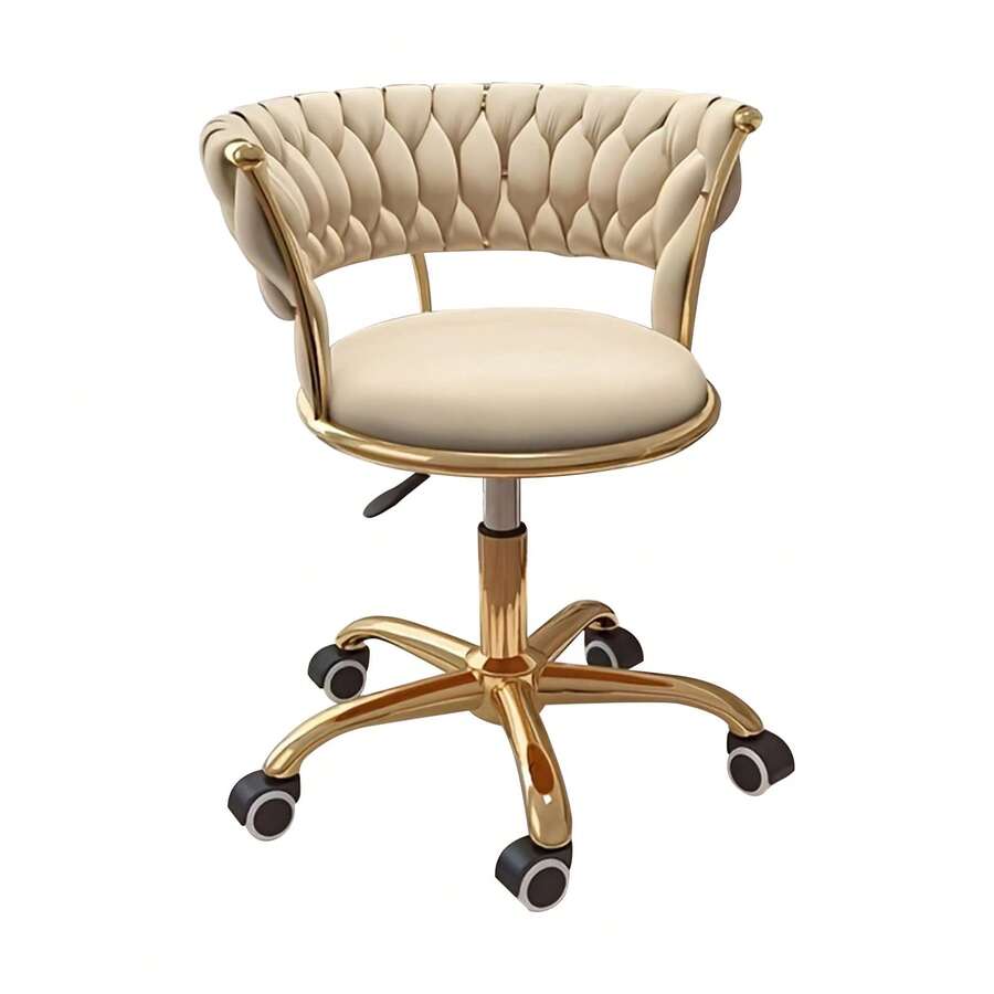 Sillón Giratorio de Terciopelo Dorado, Altura Ajustable, Ruedas Giratorias 360°, Cojín de Asiento de Alta Resiliencia, Respaldo Tejido, Estructura Metálica Redonda, para Uso en Dormitorio o Hogar - Champán - Ver 1