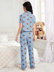 2pcs Women Cute Brown Bear Graphic Long Pants & Button-Up Cardigan Pajama Set