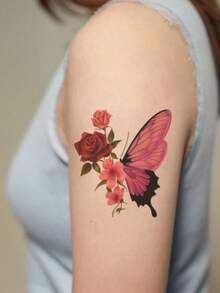 色彩缤纷的蝴蝶玫瑰花卉临时纹身贴纸，性感浪漫的彩色草本纹身贴纸，防水防汗的Y2K极简设计，适用于手指、手掌和手臂，适合女性，可持续3-5天 - 彩色 - 查看 3