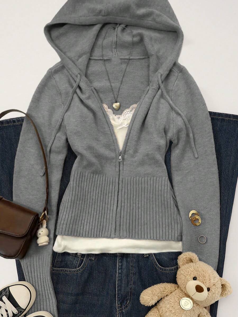 Women's Casual Cute Short Zip-Up Hooded Fitted Knit Cardigan, Long Sleeve Daily Commute Versatile Knit Jacket, Autumn/Winter Street Style Y2K - Grey - View 1