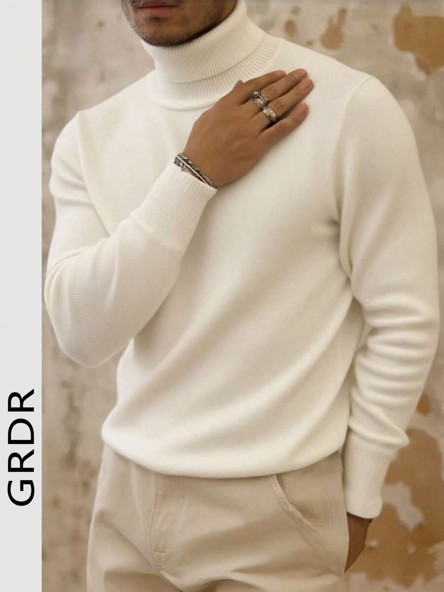 Men's Crew Neck Long Sleeve Sweater, Versatile Everyday Wear Knitted Pullover - White - View 1