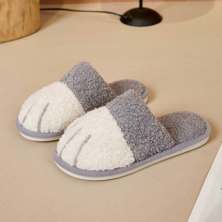 Cotton Slippers For Men, Cute Cat Paws, Plush Home, Anti Slip, Autumn And Winter, Couple, Indoor Warm Home, Cotton Slippers For Women (Without Gift Box) - 灰色 - 查看 1