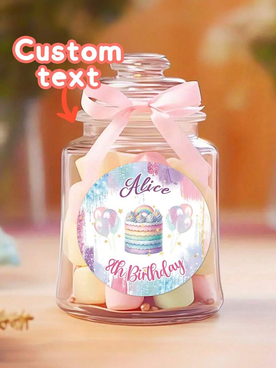 12/24/40pc Custom "Rainbow Cake Birthday" Round Stickers, Personalizable Content (Like Name, Date, Etc),Presenting A Colorful Rainbow Cake With Balloons Design Stickers,Fit For Birthday Parties, Festive Events, Decor Elements - Multicolor - View 1