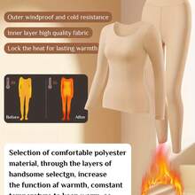 1SET AOMUMEI Women'S Thermal Long Sleeve & Pants Set - High-Elasticity Heat-Activated Warmth, Full-Length Coverage, Solid Color, All-Season, Winter Clothes For Women, Womens Winter Clothes, Ladies Winter Clothes, Women Winter Clothes - Apricot - View 1