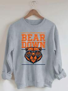 Christmas Outfit Women Plus Size, Chicago Bear Head Print Sweatshirt, Round Neck Casual Sweatshirt, Suitable For Autumn And Winter, Plus Size Women's Loose And Comfortable Thanksgiving Outfit Women - Grey - View 2