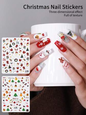 RS NAIL RSNAIL 3D Red Glitter Christmas Nail Art Sticker Christmas Nail Charms Santa Claus Snowman Christmas Trees Snowflake Festive Candle Gingerbread Man Cute Designs For Festival Holiday Winter Nail Art Decoration Manicure DIY Accessories Tool Nail Supplies Gift For Women