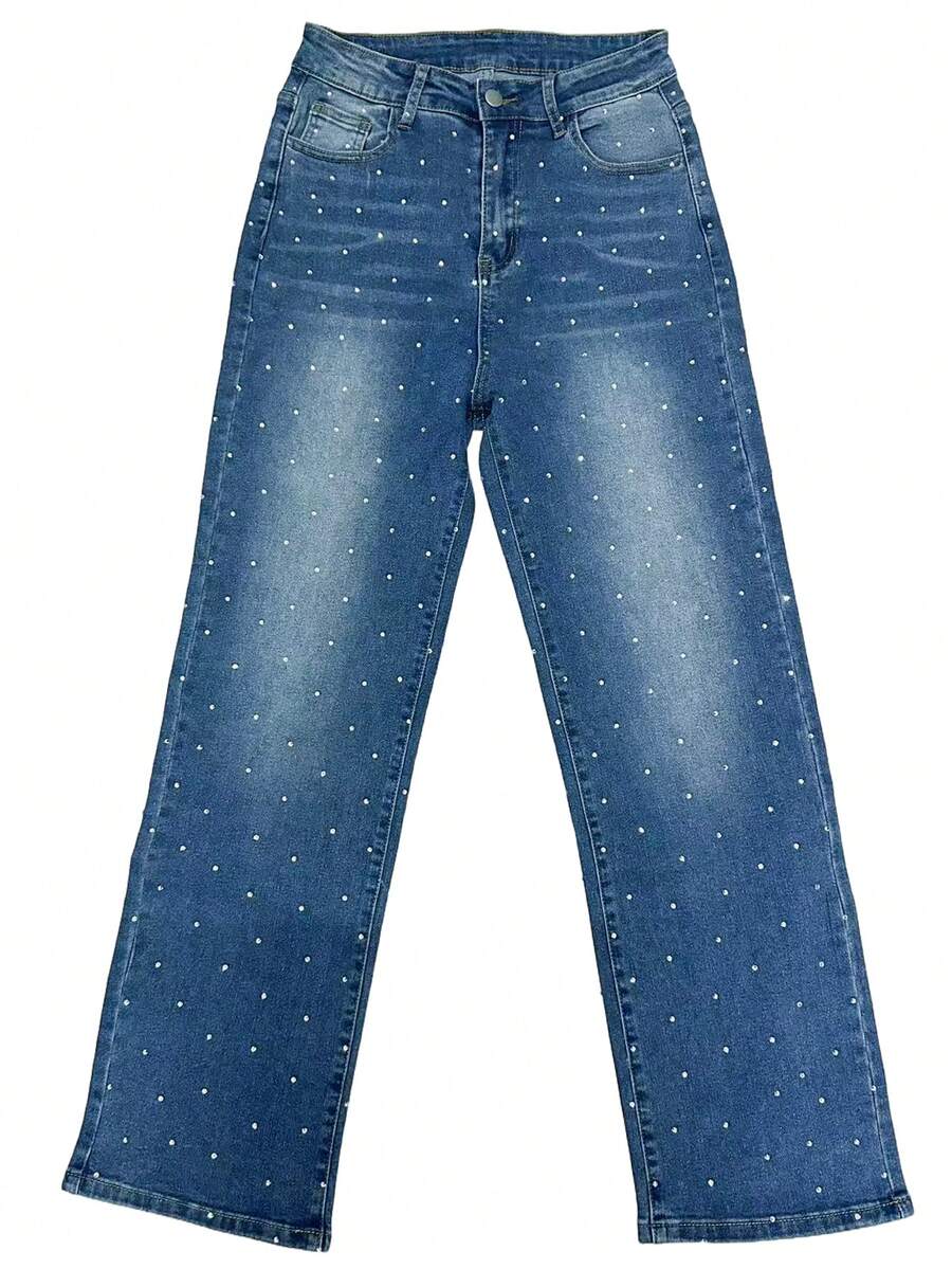 Fully Rhinestoned Mid Wash Loose High Waist Straight Leg Jeans For Women - Blue - View 1