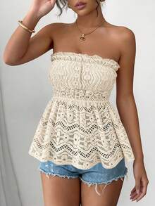 Top bohemio para mujer, top de verano con hombros descubiertos, volantes perforados, top de moda para vacaciones - Beis - Ver 5