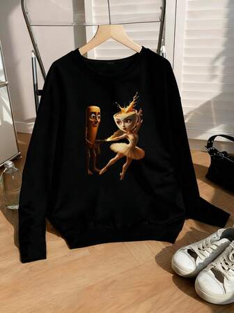 Women's Autumn And Winter Italian Brainrot Tungtung Tungsahur And Ballerina Cappuccina Graphic Round Neck Long Sleeved T Shirt ,Casual Loose And Versatile Holiday Style Tops,Fashionable Fall Women Clothes Suitable For Daily Wear