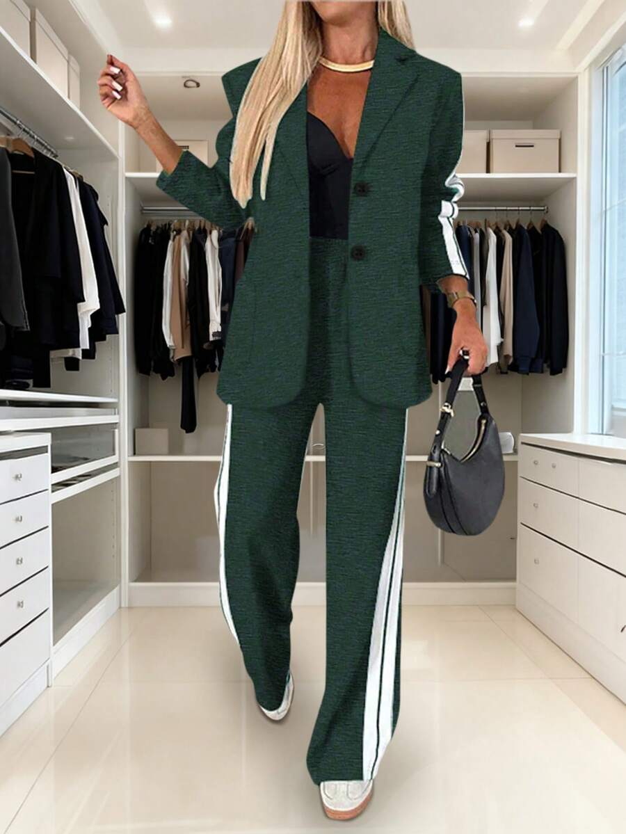 两件套女士舒适套装，翻领休闲条纹工作办公阔腿裤长袖上衣，时尚优雅的春季通勤装，休闲日常套装 - 橄欖綠 - 查看 1