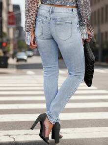 女式秋季低腰破洞休闲紧身裤 - 藍色 - 查看 2