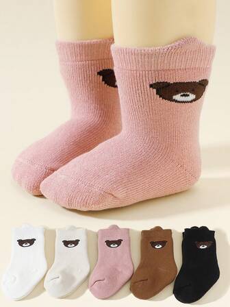 5 Pairs Solid Color Baby Socks, Cute Bear Design, Thickened & Thermal Lined, Mid-Calf Length, Autumn/Winter