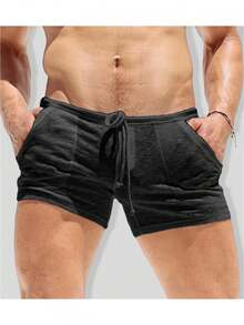 Mens Running Shorts 3 Inch Summer Tie-Up Front Low Waist Workout Shorts Thin Underpants - 黑色 - 查看 1