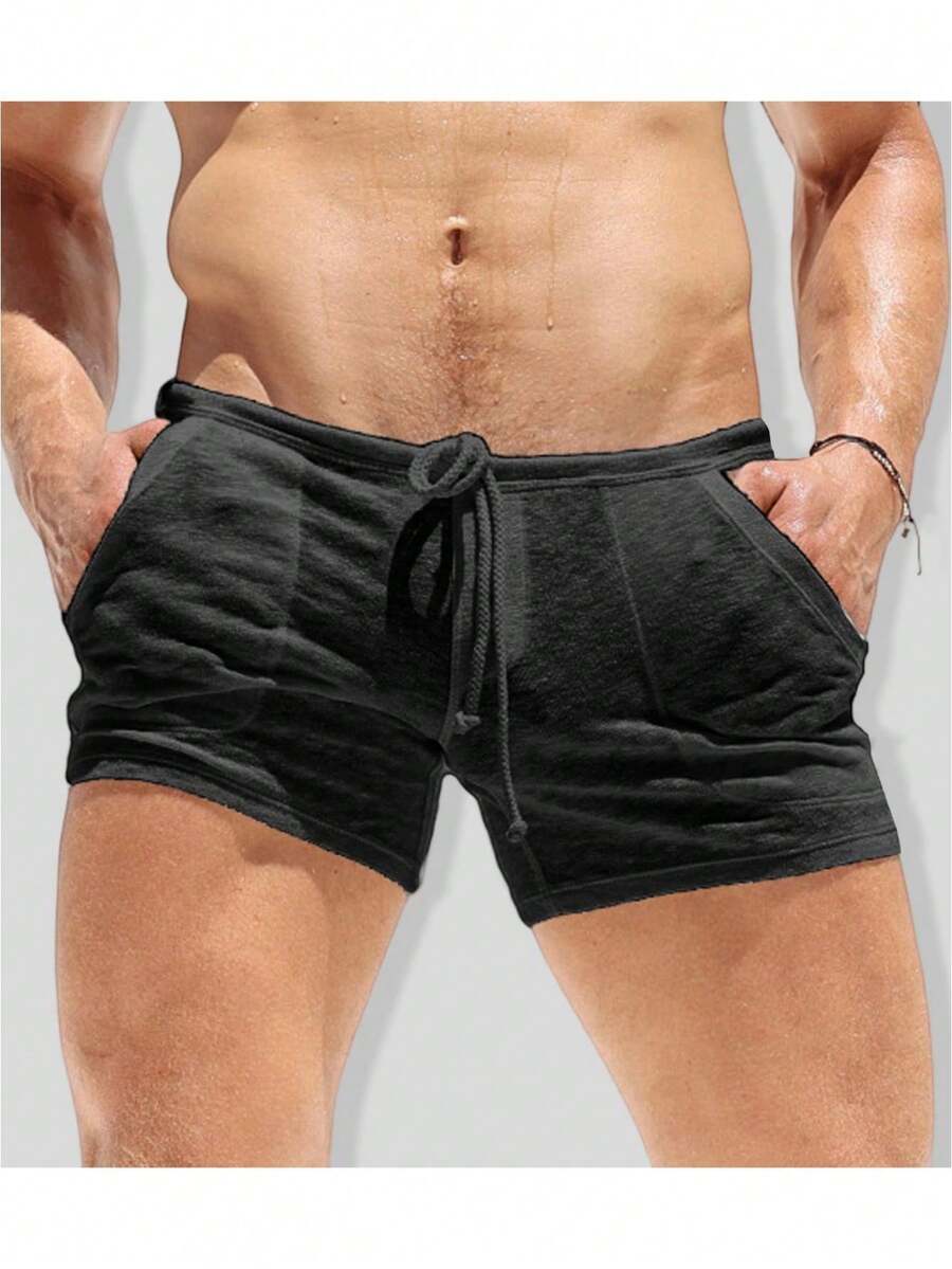 Mens Running Shorts 3 Inch Summer Tie-Up Front Low Waist Workout Shorts Thin Underpants - 黑色 - 查看 1