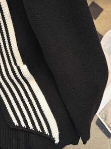 Áo len cổ tròn dài tay màu trơn cho nữ, thời trang giản dị, phong cách hải quân, sọc nhiều màu, khăn quàng cổ trang trí, áo dệt kim rộng cho mùa thu/đông - màu đen - Xem 8