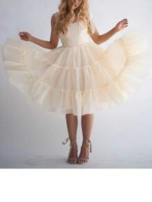 Tulle Prom Dresses Ruffled Trim Tie Back Sleeveless Long Formal Evening Dresses For Women A-Line Open Back Cocktail Ball Gown - 淡黃色 - 查看 2