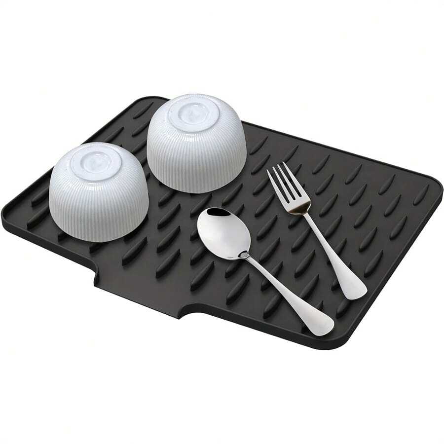 1pc Large Kitchen Sink & Dish Drying Rack - Non-Slip Silicone Drain Board, Built-In Drainage Hole, Heat-Resistant & Easy-To-Clean Surface, High Rim Design, Dish Storage Rack, Compatible With Countertop, Sink, Refrigerator (40x32cm) - Modern Black/Grey Design, Durable Polypropylene Base, Suitable For Small Kitchen, Dishwasher, Moisture-Proof Use - Multicolor - View 1