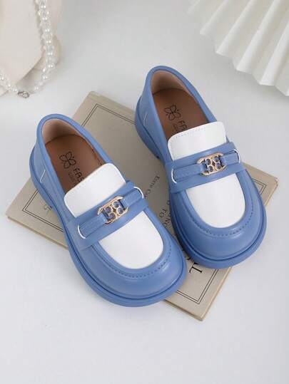 1 Pair Blue & White Toddler/Kids Loafers, PU Leather With Metal Buckle Decor, Slip-On Round Toe Soft Casual Shoes, Suitable For 3-12 Years Old Boys & Girls, Parties, Dancing, Daily Wear, Spring/Summer 2026