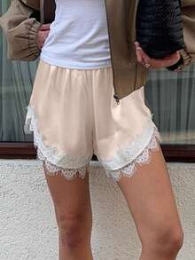 Women Floral Lace Trim Satin Shorts Silky Slip Culotte Pettipants French Knickers Y2k Lounge Short Bloomer Bottoms - 粉色 - 查看 1