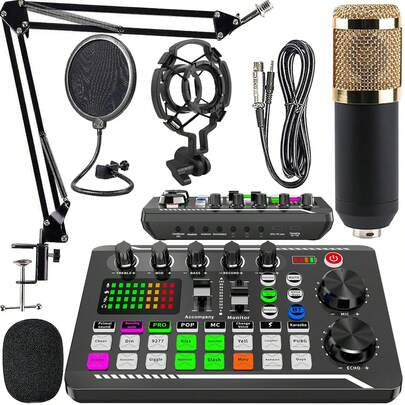Bộ thiết bị thu âm podcast chuyên nghiệp - Bộ khởi đầu: Bộ micro condenser thu âm phòng thu với màng lọc âm và giá đỡ chống rung; Bộ micro thu âm podcast trực tiếp với chức năng thay đổi giọng nói thời gian thực; Card âm thanh giao diện âm thanh cho PC/Máy tính; Hoàn hảo cho Vlog, chơi game, karaoke, phòng thu tại nhà.