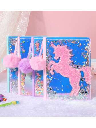 可爱亮片独角兽笔记本 – 色彩缤纷的卡通设计，适合儿童和学生 | 闪亮封面记事本，可用于学校学习和创意日记